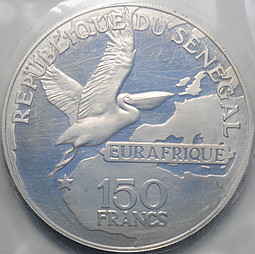 Монета 150 франков 1975 Леопольд Седар Сенгор Пеликан BUNC Сенегал