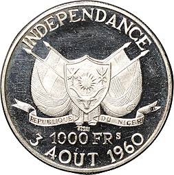 Монета 1000 франков 1960 Независимость серебро Нигер