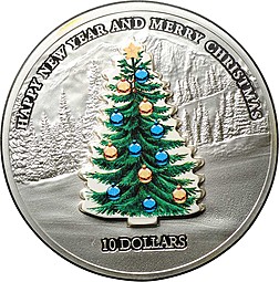 Монета 10 долларов 2008 Счастливого Нового года и Рождества Елка Науру