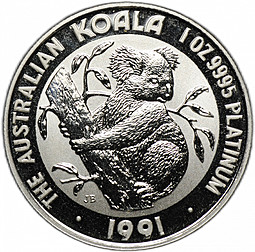 Монета 100 долларов 1991 Австралийская Коала платина Австралия