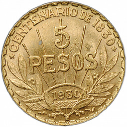 Монета 5 песо 1930 100 лет Конституции Уругвай