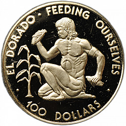 Монета 100 долларов 1977 Эльдорадо Гайана