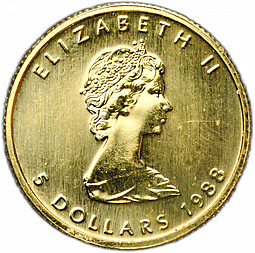 Монета 5 доларов 1989 Кленовый лист Канада