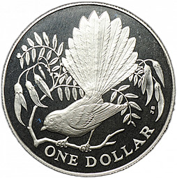 Монета 1 доллар 1980 Птицы Веерохвостка серебро Новая Зеландия