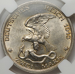 Монета 2 марки 1913 100 лет победы над Наполеоном Пруссия Германия слаб ННР MS63