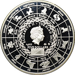 Монета 5 долларов 2012 Знаки зодиака Овен позолота Токелау