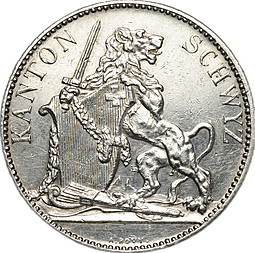 Монета 5 франков 1867 Стрелковый фестиваль в Швице Швейцария