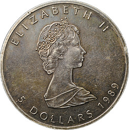 Монета 5 долларов 1989 Кленовый лист Канада
