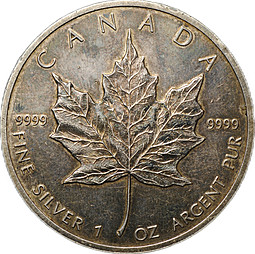 Монета 5 долларов 1989 Кленовый лист Канада