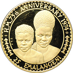 Монета 25 эмалангени 1974 Король Собуза II 75 лет Эсватини (Свазиленд)