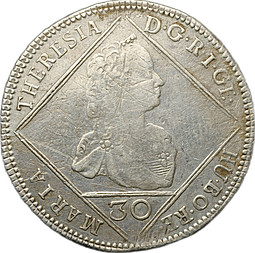 Монета 30 крейцеров 1765 Мария Терезия - орел с 5 гербами Австрия
