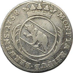 Монета 20 крейцеров 1758 Берн Швейцария