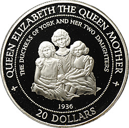 Монета 20 долларов 1994 Королева Мать и дочери Острова Кука