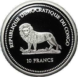 Монета 10 франков 2004 Императорский ангел Исчезающий вид рыб Конго