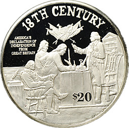 Монета 20 долларов 1997 18 век Американская декларация независимости Острова Кука