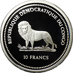 Монета 10 франков 2004 Райская птица Охрана природы Конго