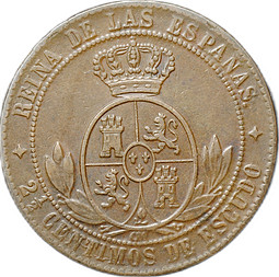 Монета 2 1/2 сентимо 1868 Испания