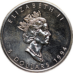 Монета 5 долларов 1994 Кленовый лист Канада
