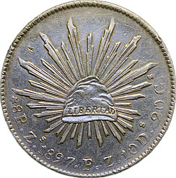 Монета 8 реалов 1897 Zs Мексика