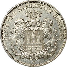 Монета 3 марки 1913 J Гамбург Германия