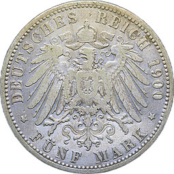 Монета 5 марок 1900 D Бавария Германия