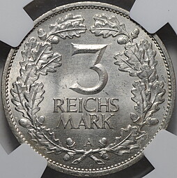 Монета 3 марки 1925 1000 лет Рейнской области Рейнланд Германия слаб NGC MS 65