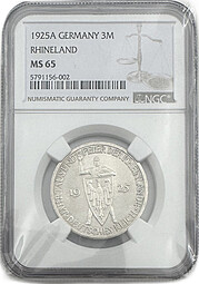 Монета 3 марки 1925 1000 лет Рейнской области Рейнланд Германия слаб NGC MS 65