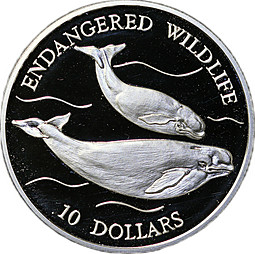 Монета 10 долларов 1992 Вымирающие виды Кит Ниуэ