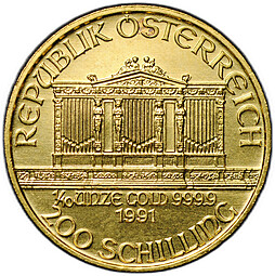 Монета 200 шиллингов 1991 Венская филармония (филармоникер) Австрия