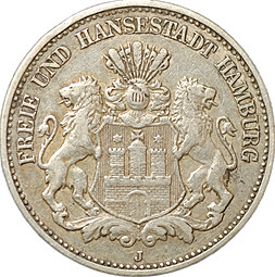 Монета 2 марки 1906 J Гамбург Германия