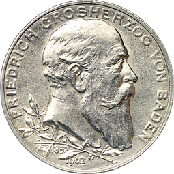 Монета 2 марки 1902 50 лет правления Фридриха I Баден Германия