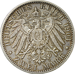 Монета 2 марки 1904 F Вюртемберг Германия