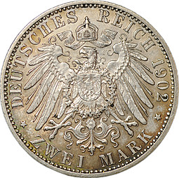 Монета 2 марки 1902 50 лет правления Фридриха I Баден Германия