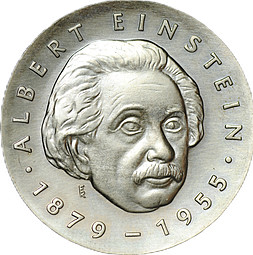 Монета 5 марок 1979 Альберт Эйнштейн Германия ГДР