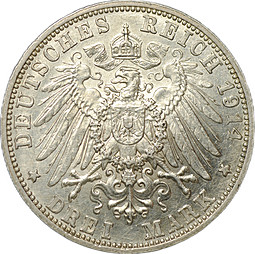 Монета 3 марки 1914 D Бавария Германия