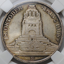 Монета 3 марки 1913 100 лет победы над Наполеоном Битва Народов Саксония Германия слаб ННР MS 64