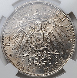 Монета 3 марки 1913 100 лет победы над Наполеоном Битва Народов Саксония Германия слаб ННР MS 62