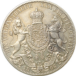 Монета 1 союзный талер 1866 B Ганновер Германия