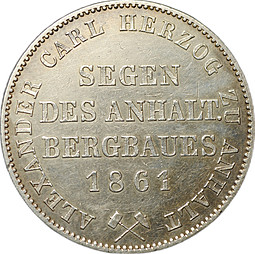 Монета 1 союзный талер 1861 A Ангальт-Бернбург Германия