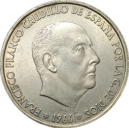 Монета 100 песет 1966 (66) Испания