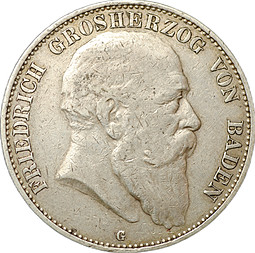 Монета 5 марок 1904 G Баден Германия