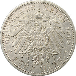 Монета 5 марок 1908 G Баден Германия