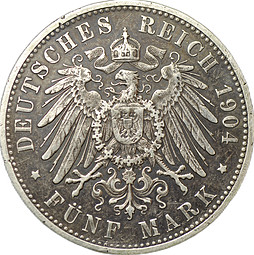 Монета 5 марок 1904 F Вюртемберг Германия