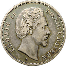 Монета 5 марок 1876 D Бавария Германия