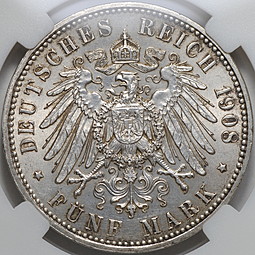Монета 5 марок 1908 Е Саксония Германия слаб ННР MS 62