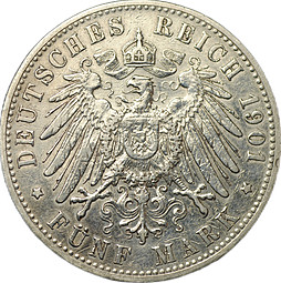 Монета 5 марок 1901 J Гамбург Германия