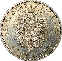 Монета 5 марок 1888 А Пруссия Германия