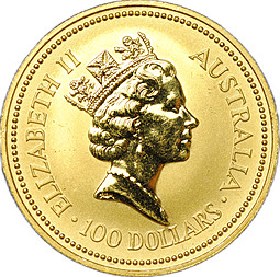 Монета 100 долларов 1990 Австралийский самородок Кенгуру Австралия