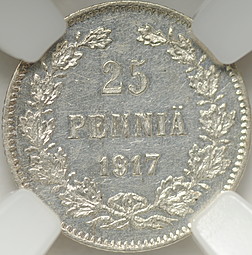 Монета 25 Пенни 1917 S Русская Финляндия (гербовый орел без корон) слаб ННР MS62