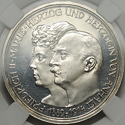 Монета 3 марки 1914 25 лет свадьбы Фридриха и Марии Анхальт-Дессау PROOF Германия слаб ННР PF 64